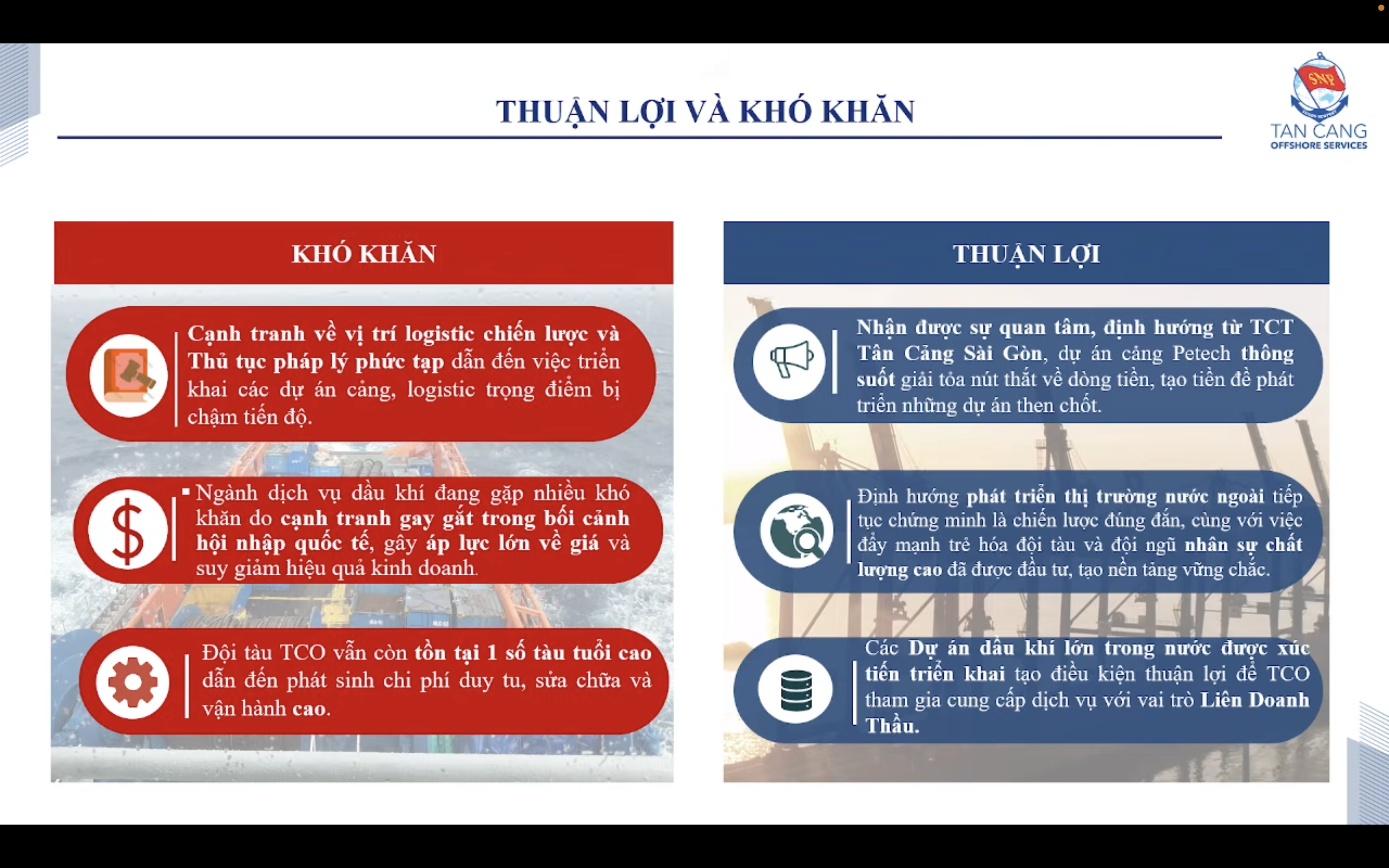 Thuận lợi và khó khăn: được TCT Tân Cảng hậu thuẫn nhưng đội tàu còn nhiều tàu cũ tuổi cao.
